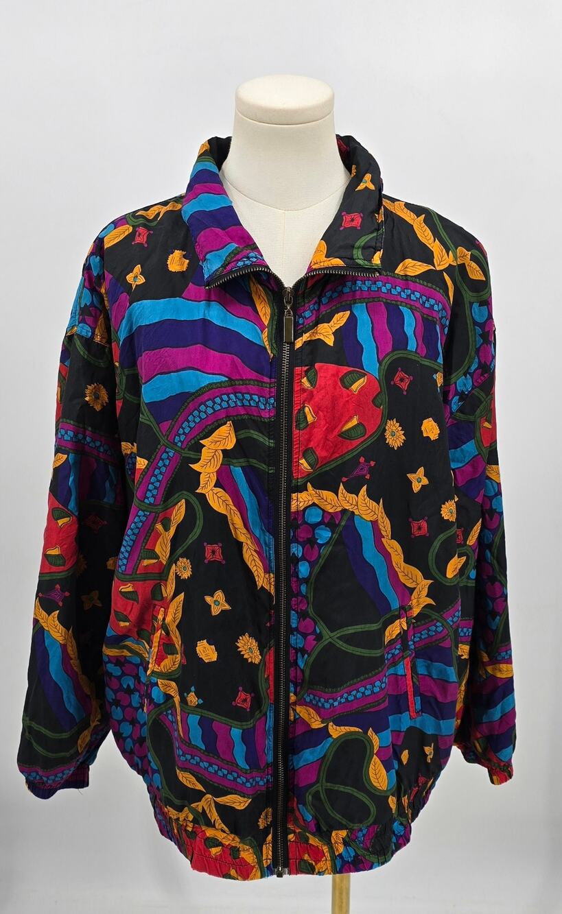 Vintage 90s Basic Editions Abstract Silk Bomber‎ Statement Jacket